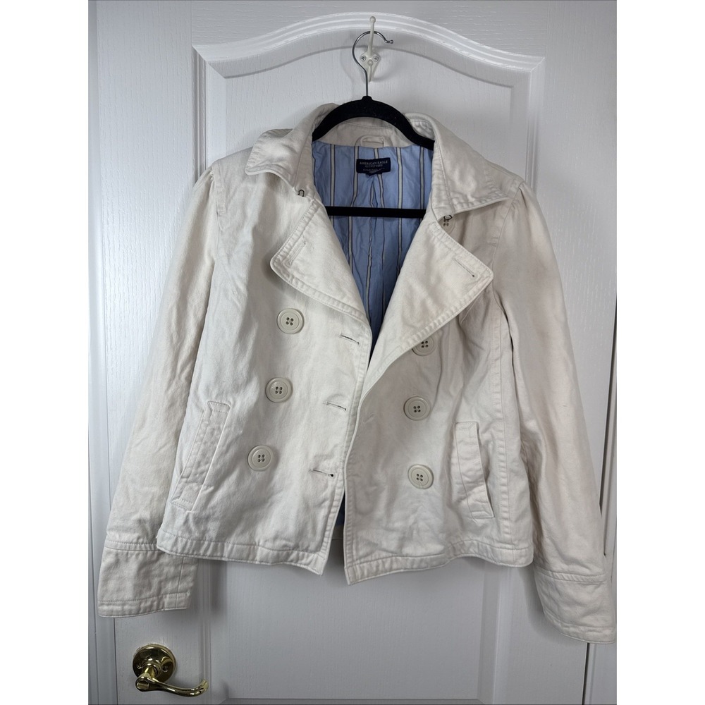 American Eagle Womens L Cream Cropped Peacoat Y2K Double Breasted